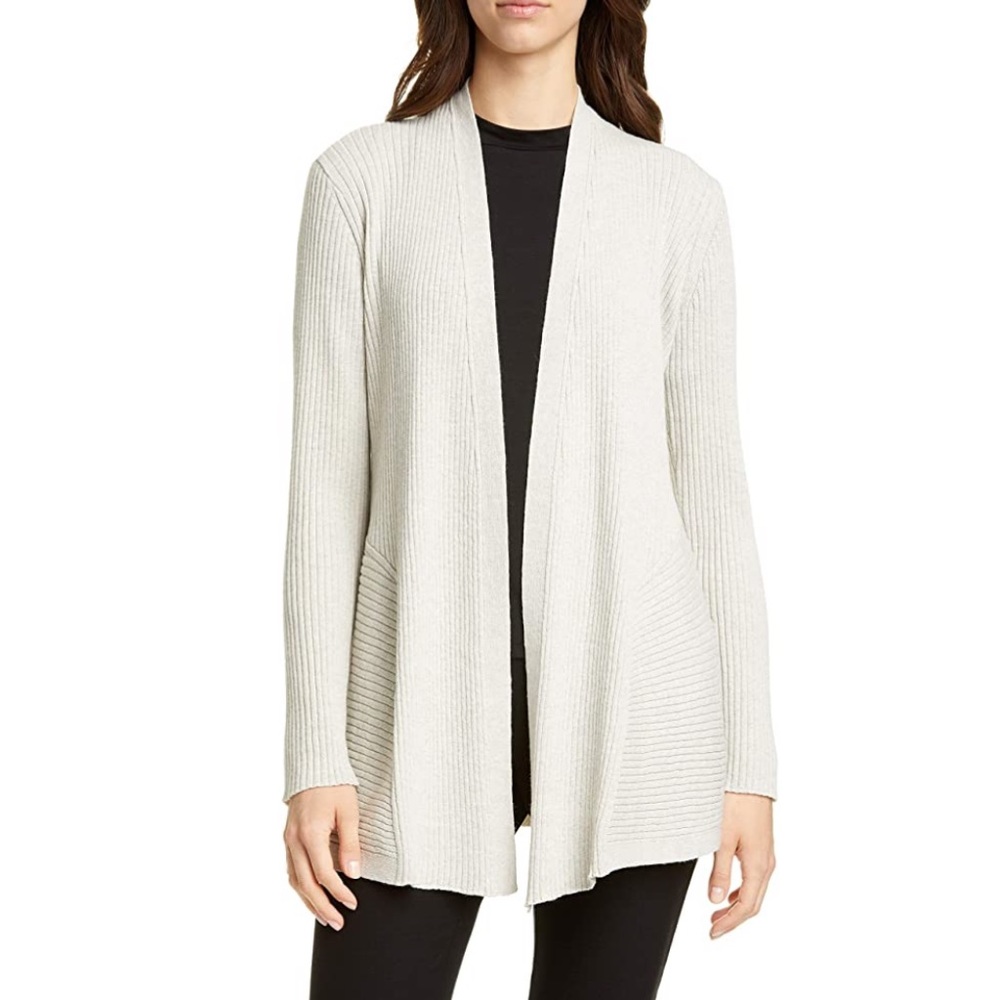 Eileen Fisher Washable Wool Rib Crepe Sea Salt Long Cardigan NWT